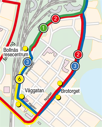 Karta över körvägar för stadstrafiken i Bollnäs centrum